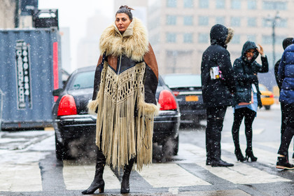 atmosphere details, AUTUMN WINTER 2016-2017, AW 16-17, black boots, brown coat, brown jacket, chanel, detail, embroidered coat, embroidered jacket, fashion week, frenchystyle, fringes, fur co, fur coat, fur collar, FW, FW 16-17, giovanna battaglia, high boots, horizontal, inuit, jonathan paciullo, leather boots, leather coat, NEW YORK, NYFW, sacai, street style, white fur, woman