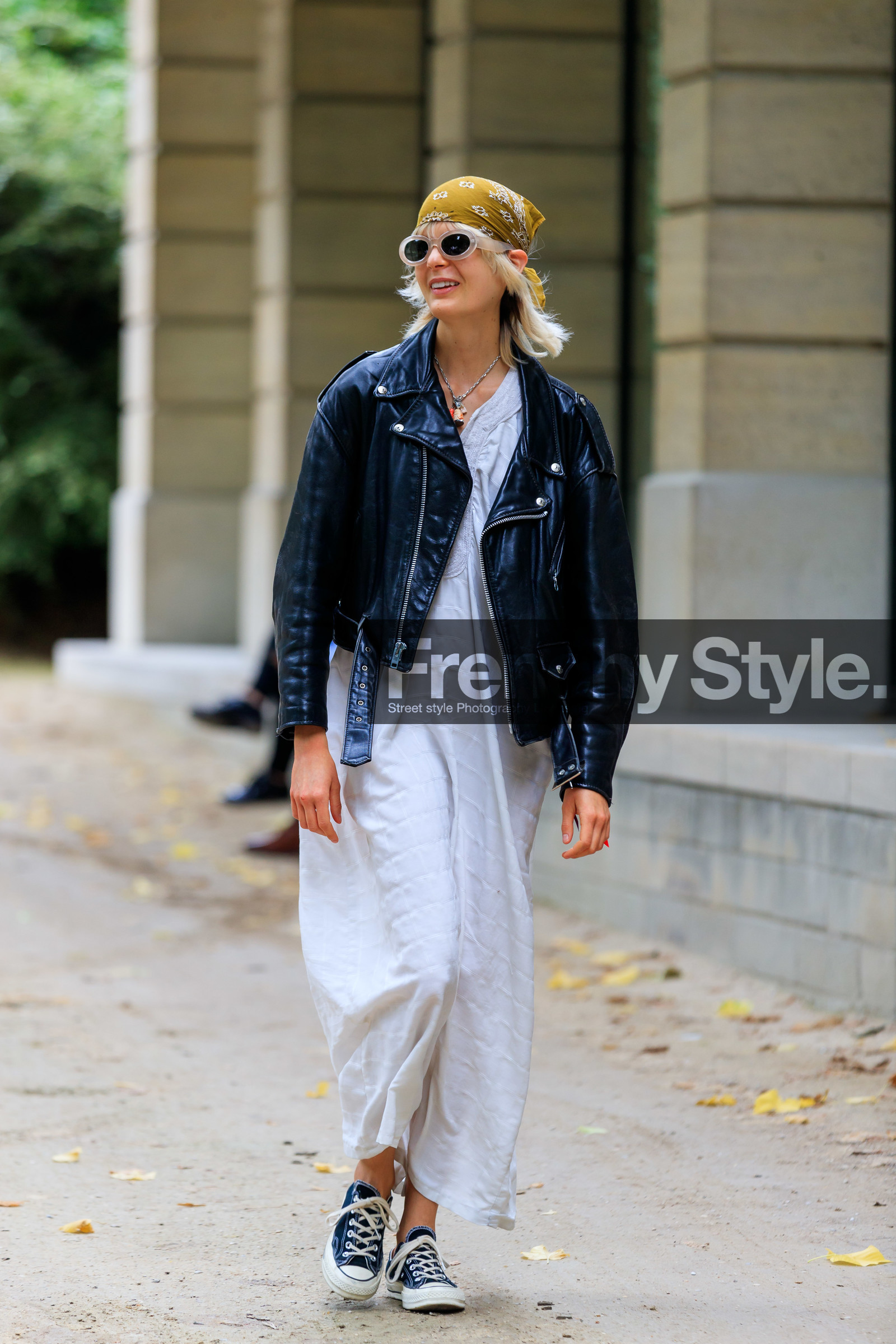black leather jacket, black leather perfecto, white dress, long dress, bandana, bandana scarf, hair scarf, sheer sunglasses, round shape glasses, round shape sunglasses, converse shoes, black shoes, black sneackers, fashion week, frenchystyle, FW, jonathan paciullo, street style, PFW, PARIS, AUTUMN WINTER 2021-2022, FALL WINTER 2021-2022, FW 21-22, vertical, full length, model