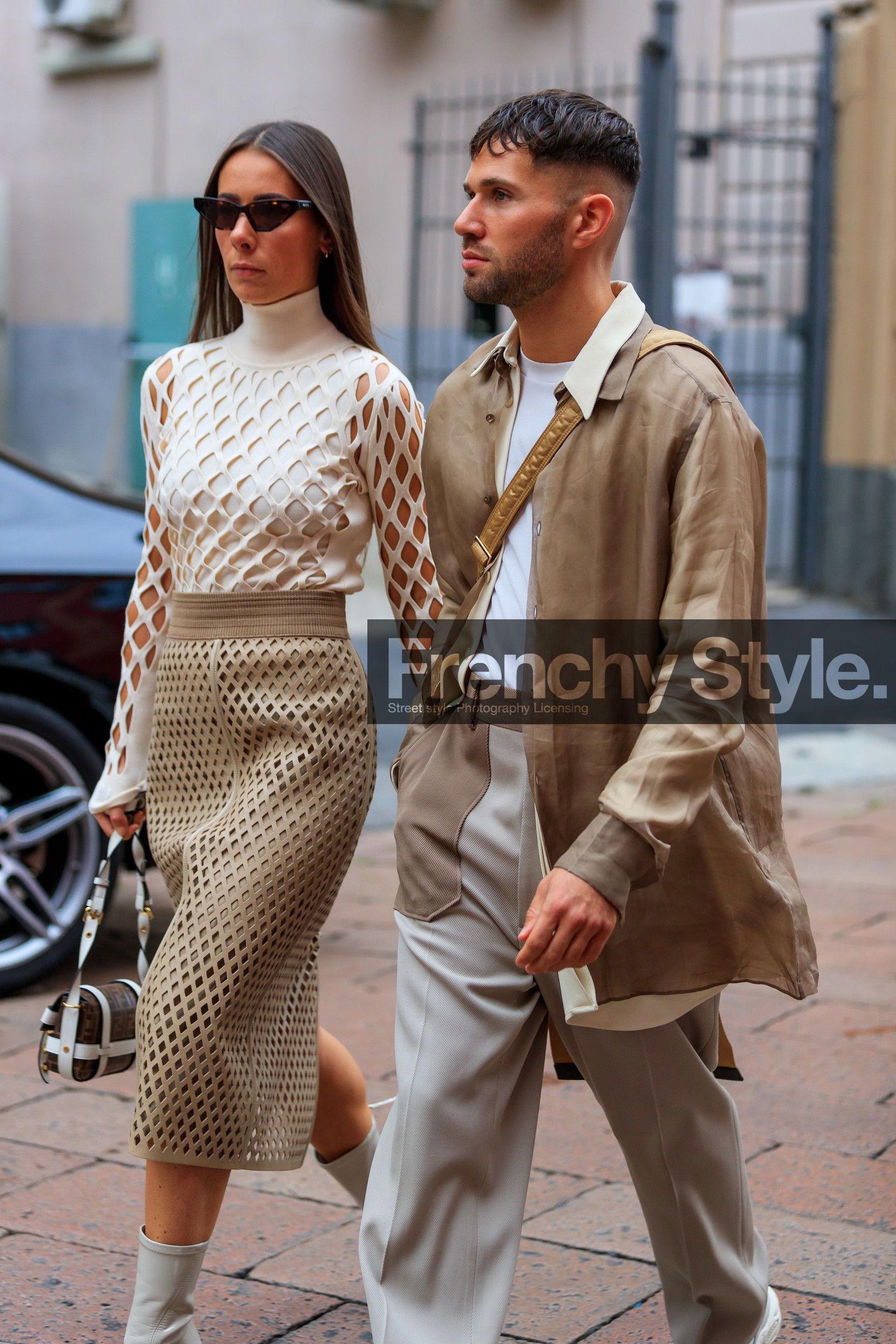 alice & j.s, alice barbier, JS roques, beige total look, beige jacket, beige pants, beige skirt, white top, white leather boots, polish boots, high heels boots, low boots, long sleeves top, openwork top, openwork skirt, mid long skirt, high collar top, fendi bag, monogrammed bag, white leather bag, brown leather bag, futurist shape sunglasses, scale sunglasses, mix and match look, fendi boots, fendi shirt, fendi skirt, fendi top, fendi look, fashion week, frenchystyle, FW, jonathan paciullo, street style, MFW, MILAN, SPRING SUMMER 2020, SS 20