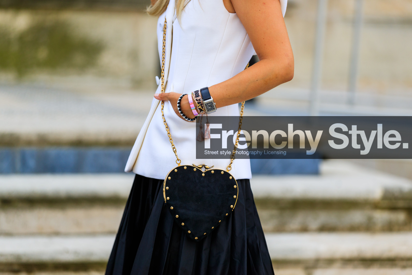 atmosphere details, black bag, black skirt, bracelet, Charlotte Groeneveld, christian dior, detail, fashion week, frenchystyle, FW, graphic bag, horizontal, jonathan paciullo, leather bag, PARIS, PFW, printed bag, sleeveless, SPRING SUMMER 2018, SS 18, street style, studs, watch, white jacket