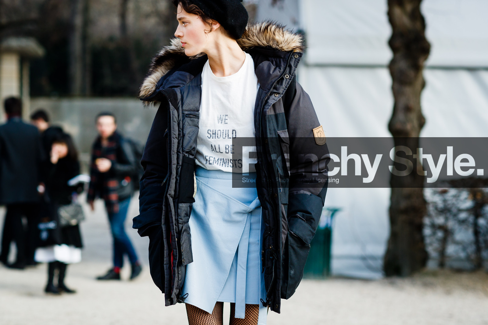 black jacket, blue skirt, christian dior, down jacket, fishnet, hood, printed t shirt, tights, white t shirt, fashion week, frenchystyle, FW, jonathan paciullo, street style, PFW, PARIS, SPRING SUMMER 2017, SS 17, HAUTE COUTURE, atmosphere details, detail, horizontal, model
