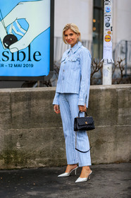 black bag, blue jacket, blue pants, chanel handbag, earrings, graphic jacket, high heels, leather bag, leather shoes, printed jacket, stripes, trousers, white shoes, xnenia adonts, PARIS, PFW, street style, jonathan paciullo, FW, frenchystyle, fashion week, AUTUMN WINTER 2019-2020, AW 19-20, FALL WINTER 2019-2020, FW 19-20, vertical, full length