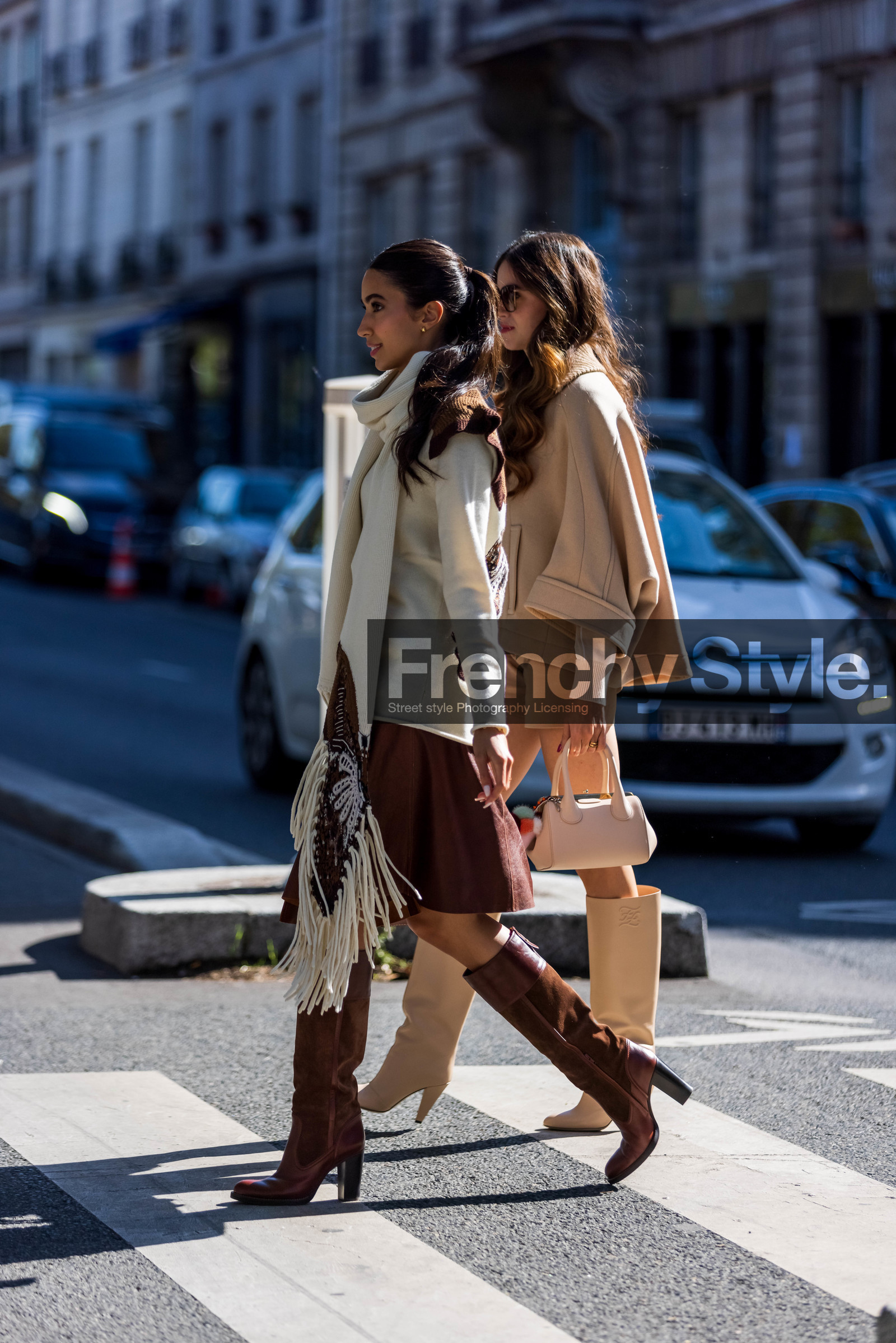 bag, beige bag, beige boots, beige coat, boots, brown boots, brown skirt, coat, ecru knitwear, ecru scarf, fringes, knitwear, leather boots, scarf, skirt, street style, jonathan paciullo, FW, frenchystyle, fashion week, PFW, PARIS, SPRING SUMMER 2022, SS 22, vertical, full length