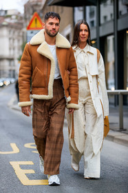 alice & j.s, brown pants, camel jacket, checked, fur collar, graphic pants, leather shoes, plaid, printed pants, shearling, stripes, trousers, white coat, white pants, white shirt, white shoes, white sneakers, white t shirt, yellow bag, MILAN, MFW, fashion week, frenchystyle, FW, jonathan paciullo, street style, AUTUMN WINTER 2019-2020, AW 19-20, FALL WINTER 2019-2020, FW 19-20, vertical, full length