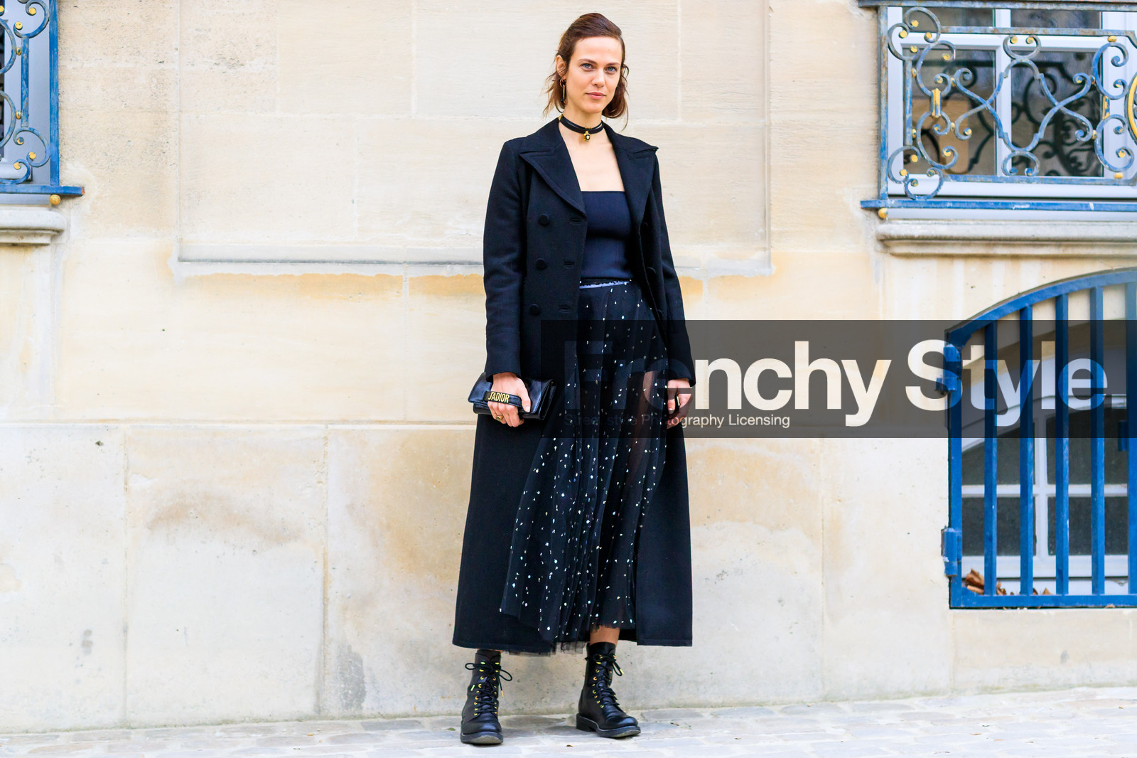 atmosphere details, AUTUMN WINTER 2017-2018, AW 17-18, aymeline valade, black bag, black dress, black jacket, black shoes, black skirt, black top, bustier dress, bustier top, choker, christian dior, FALL WINTER 2017-2018, fashion week, frenchystyle, full length, FW, FW 17-18, horizontal, jonathan paciullo, leather bag, leather shoes, model, necklace, PARIS, PFW, ranger boots, see through, street style