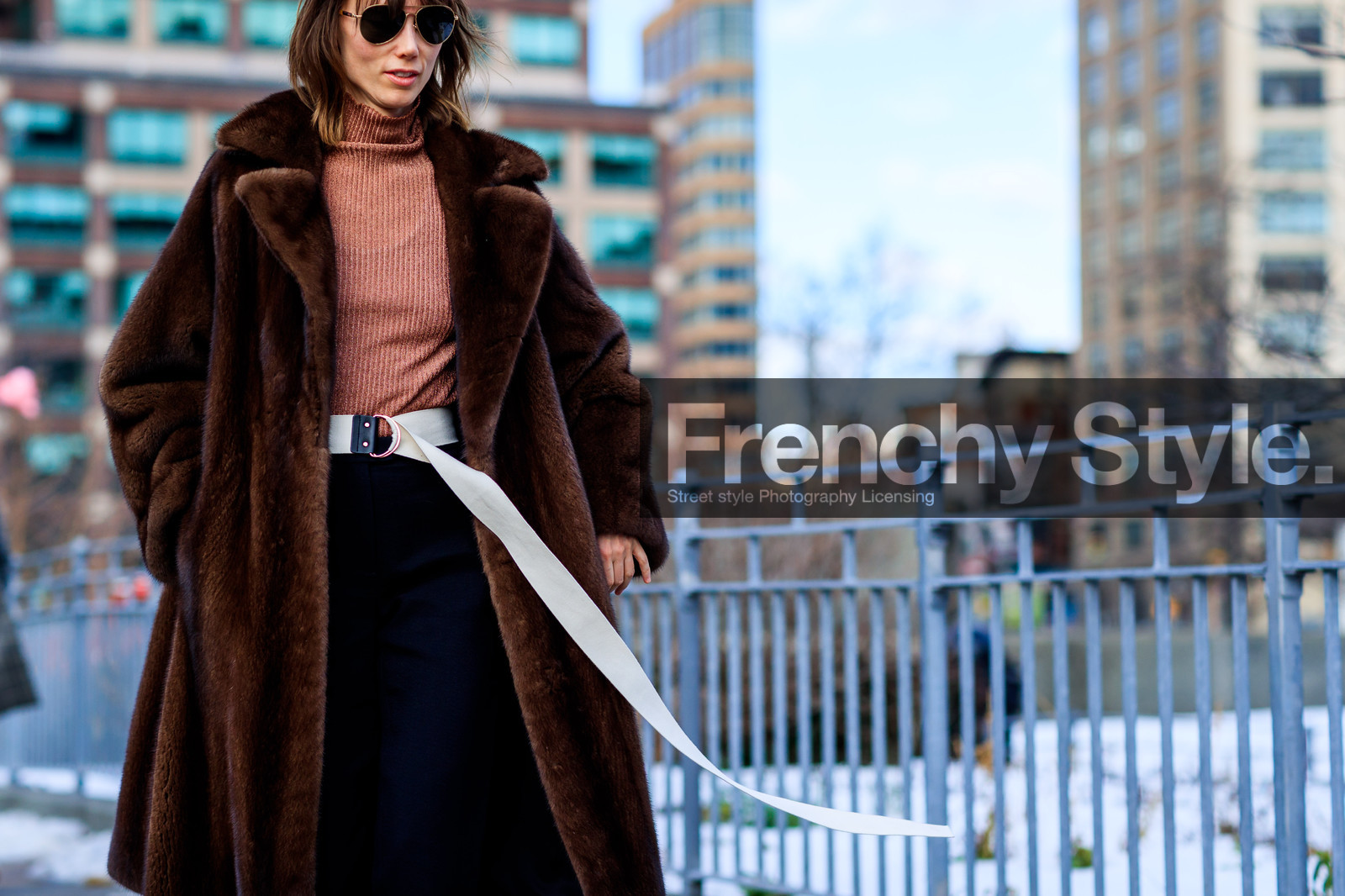 anya ziourova, atmosphere details, AUTUMN WINTER 2017-2018, AW 17-18, black pants, brown coat, brown fur, detail, FALL WINTER 2017-2018, fashion week, frenchystyle, Fur coat, FW, FW 17-18, horizontal, jonathan paciullo, leather belt, NEW YORK, NYFW, pink top, street style, sunglasses, trousers, white belt